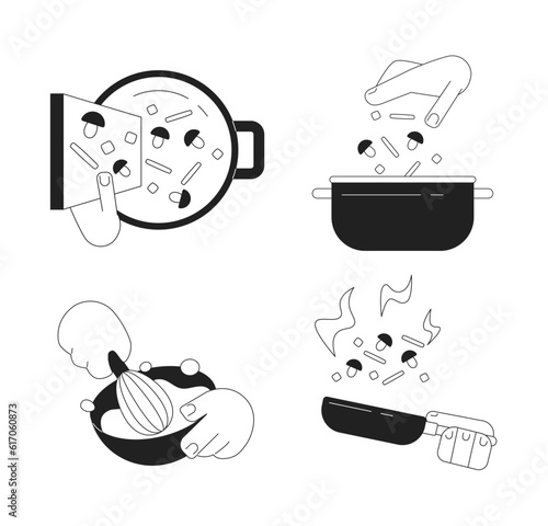 Cooking process monochrome flat vector objects set. Food preparation editable cartoon clip art icons on white background. Simple spot illustration pack for web graphic design