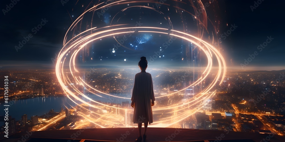 A full length woman standing in front of perfect light circle in the city at night