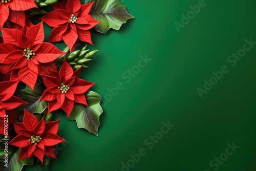 New year top view flat lay cookies on green background with poinsettia flowers. AI Generative