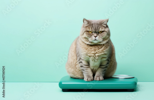 Weight monitoring concept. Overweight cat standing on weight scales. AI generative