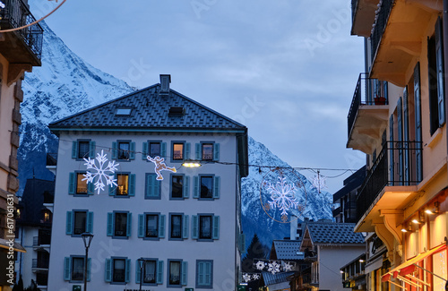 Chamonix, France: Night view of city center of Chamonix-Mont-Blanc. This commune in the Haute-Savoie, known for winter sports and summer climbings