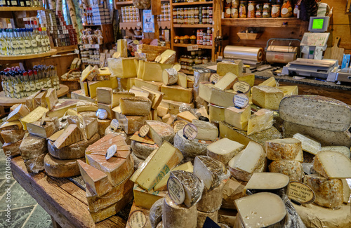 Chamonix, France: view of tipical french cheese in a shop in Chamonix