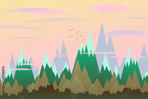 Vector illustration of a mountainous landscape with birds and clouds