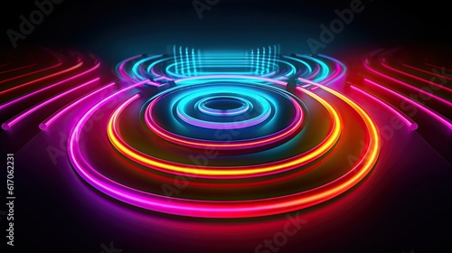 A neon light stage with interlocking rings of vibrant colors  forming a captivating geometric display of light and movement. Abstract futuristic neon light background. Generative AI