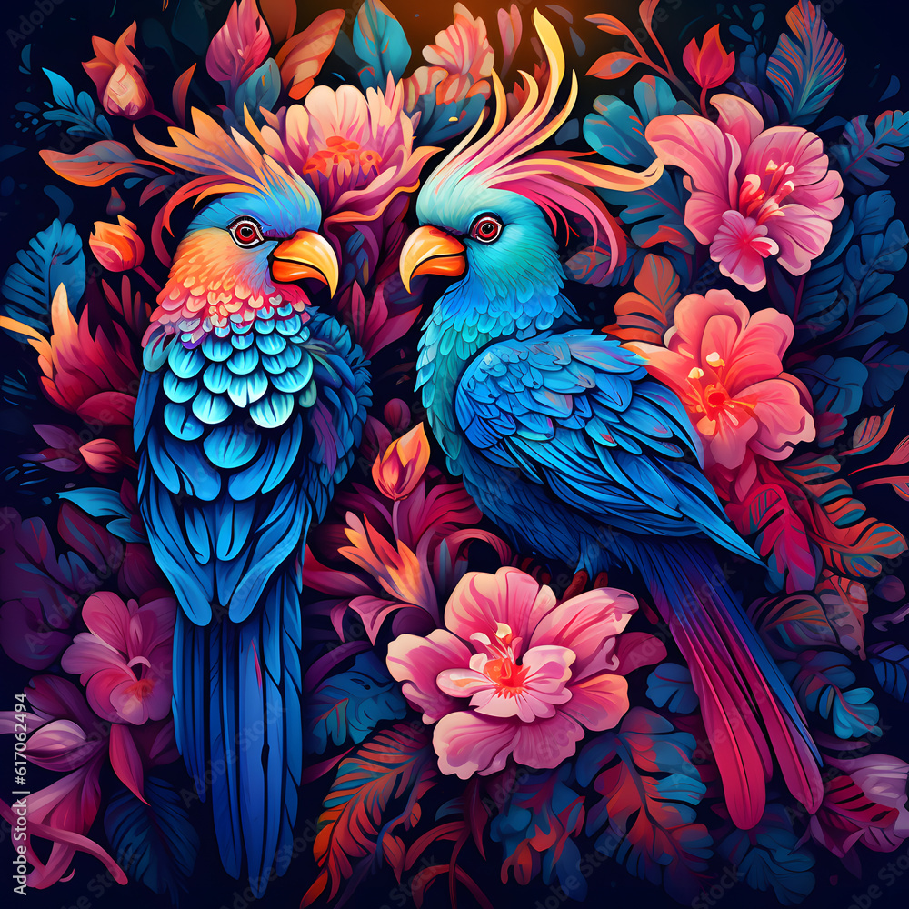 Vibrant and whimsical illustration of colorful exotic birds perched on flowers in a lush tropical jungle. Rich, saturated tones to bring out the intricate details of birds and flora.
