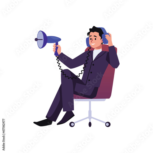 Smiling man in suit with headphones and tool for listening flat style