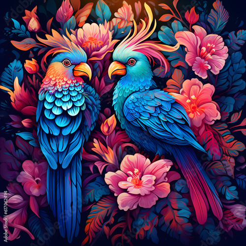 Vibrant and whimsical illustration of colorful exotic birds perched on flowers in a lush tropical jungle. Rich, saturated tones to bring out the intricate details of birds and flora. © AdrianGomezFoto