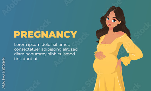 Pregnant woman in a yellow dress. Cartoon style vector illustration	