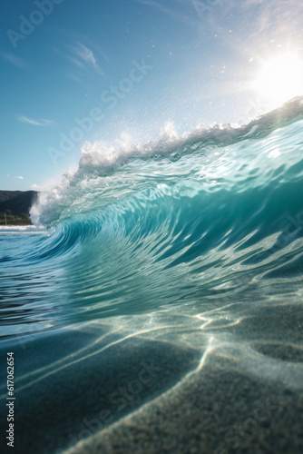 Blue ocean wave on sunny day. Ocean water background with blue sky and sun created with AI 