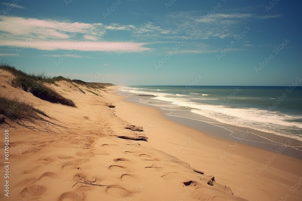 Blue sky and sandy beach. AI generative