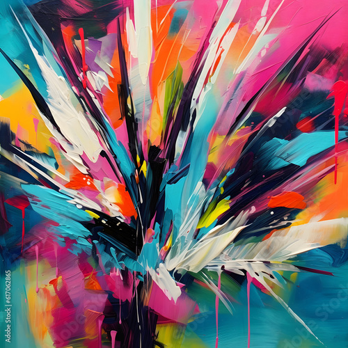 Composition of an abstract painting with bold brushstrokes and splashes of neon colors. Composed of dynamic shapes and patterns to create a sense of movement and energy.