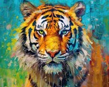 tiger  form and spirit through an abstract lens. dynamic and expressive tiger print by using bold brushstrokes, splatters, and drips of paint.  tiger raw power and untamed energy
