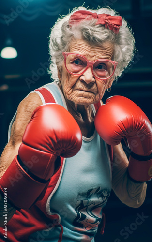 A determined-looking elderly woman puts on boxing gloves