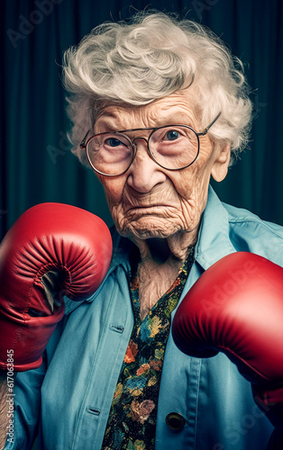 A determined-looking elderly woman puts on boxing gloves © Giordano Aita