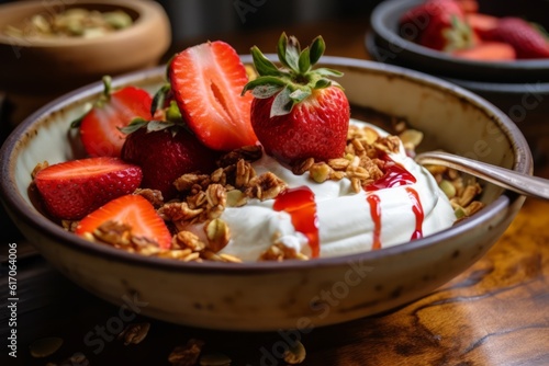 A beautifully arranged bowl of Greek yogurt topped with fresh strawberries, granola, and a drizzle of honey, illustrating a nutritious and delicious way to start the day. Generative AI
