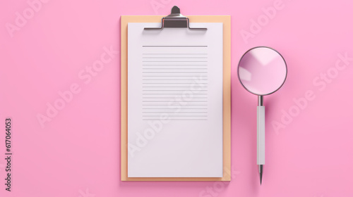 A clipboard and magnifying glass on a pink background for detective work or investigation photo