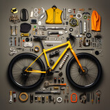 Bicycle with Equipment and Tools, Knolling Photo. Generative AI