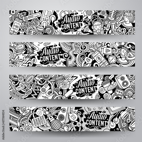 Vector illustration with 4 horizontal banners with Storytelling theme sketchy doodles. Templates capture the essence of Audio content through playful cartoon symbols photo