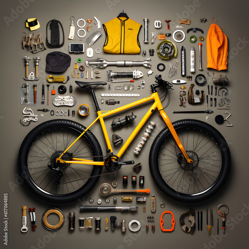 Bicycle with Equipment and Tools, Knolling Photo. Generative AI