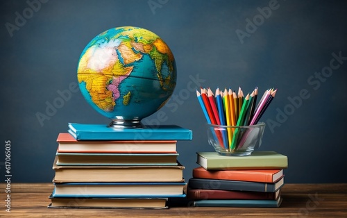 Stack of Books, Globe, and Pencils on Gray Background Back to School, Generative AI