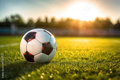 Super realistic photo of a new soccer ball on the grass of a soccer stadium at sunset,Generative AI © dhiyaeddine