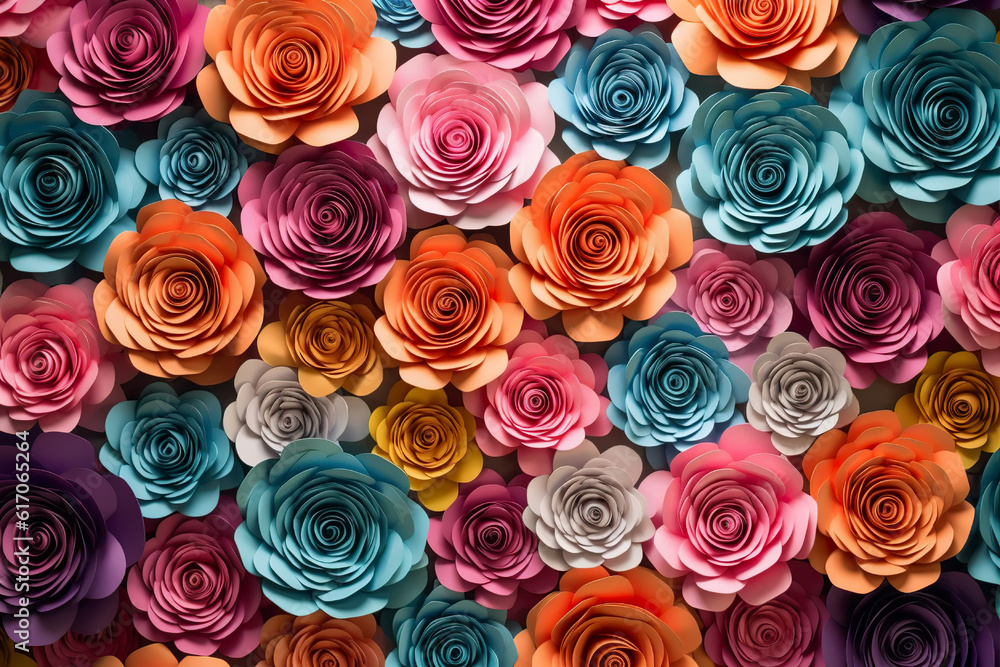 Backdrop of colorful paper roses Backdrop of colorful paper roses