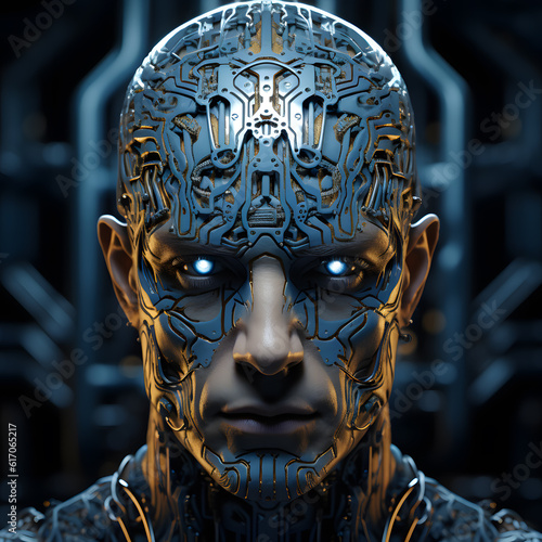 Cyberpunk Metallic android Portrait, front view, hyperrealism, luminous white eyes, skin with intricate patterns. Artificial intelligence concept.