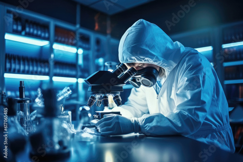 Illlustration of a scientist working with microscope in laboratory, science research and development concept, ai generative.