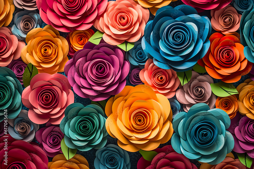 Backdrop of colorful paper roses Backdrop of colorful paper roses