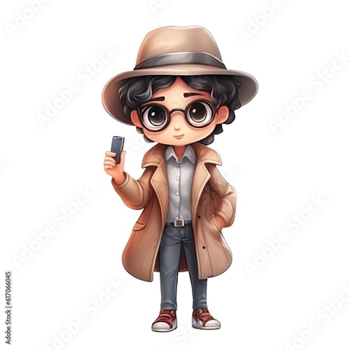 Cute Detective character isolated on white background. Colorful painting illustration. Generative AI