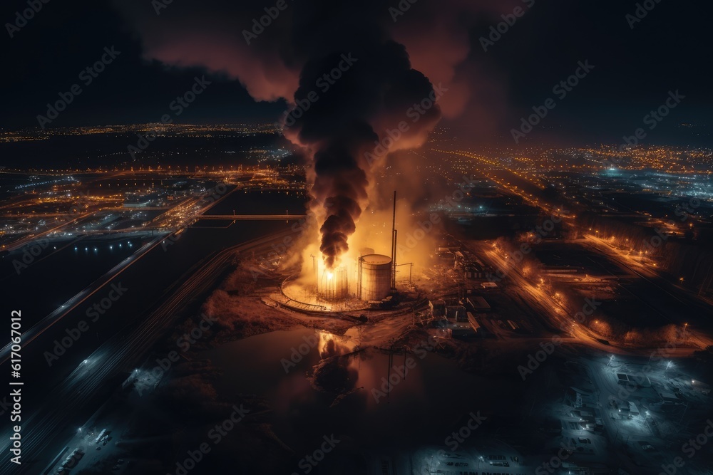 Aerial view of Big explosion and fire on power plant. Generative AI Aerial view of Big explosion and fire on power plant. Generative AI