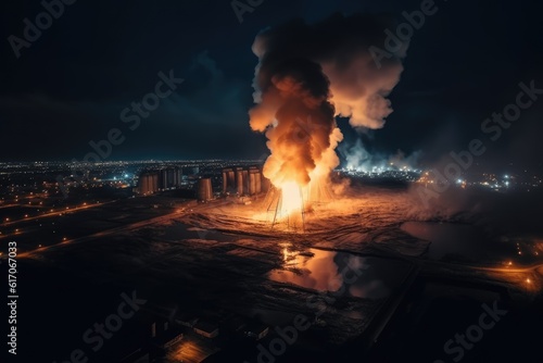 Aerial view of Big explosion and fire on power plant. Generative AI