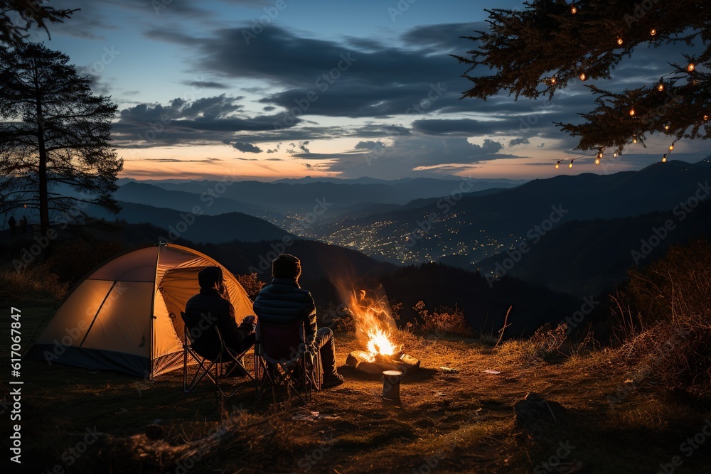 Two people camping outdoors, sitting next to a tent, a campfire burning beside them, rolling mountains and forests in the distance,Generative AI - obrazy, fototapety, plakaty 