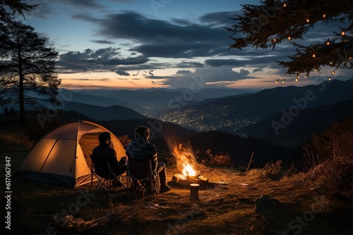 Two people camping outdoors, sitting next to a tent, a campfire burning beside them, rolling mountains and forests in the distance,Generative AI