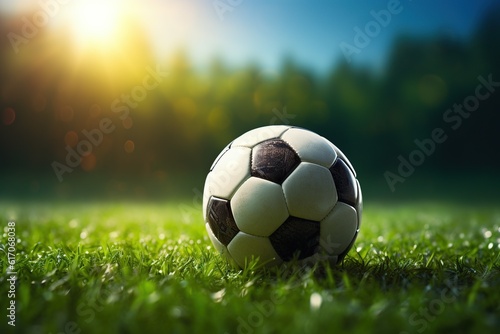 Super realistic photo of a new soccer ball on the grass of a soccer stadium at sunset,Generative AI © dhiyaeddine