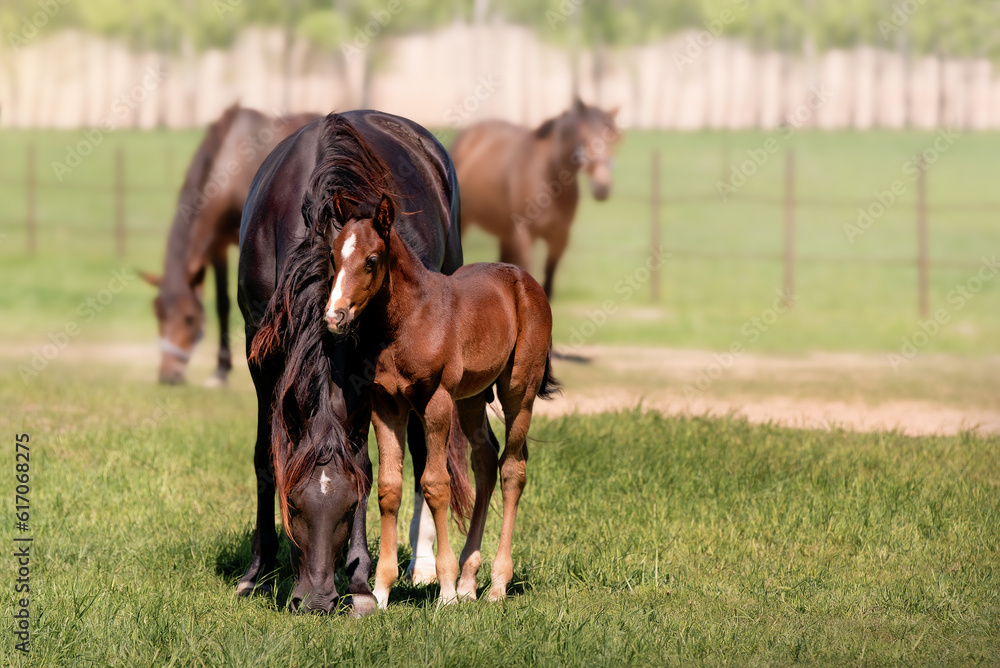 A thoroughbred beautiful chestnut Mare with a foal. Horses grazing in pasture. Sunlight. Summer pasture A thoroughbred beautiful chestnut Mare with a foal. Horses grazing in pasture. Sunlight. Summer pasture
