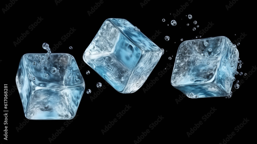 Three ice cubes being splashed with water Three ice cubes being splashed with water