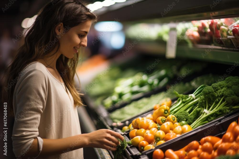 Grocery Shopping: Candid Closeup of Woman Choosing Fruits and Vegetables in Supermarket Aisle.Generative AI.