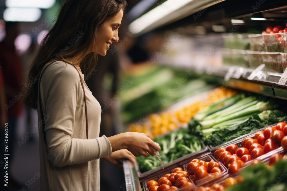 Happy Woman Shopping for Fresh Fruits and Vegetables in Supermarket Aisle, Inflation Food Prices Concept.Generative AI.