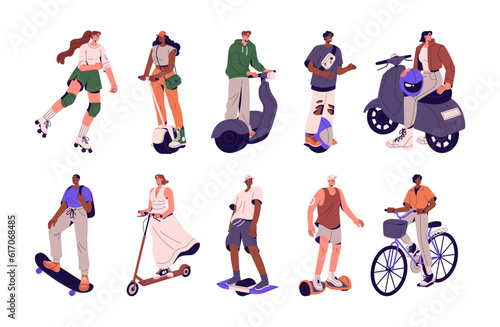 Eco transport types set. People driving modern urban vehicles, bicycle, skateboard, electric scooter, e-board, bike, roller skates. Flat graphic vector illustrations isolated on white background