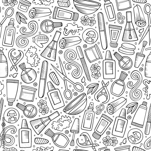 Manicure hand drawn doodles seamless pattern. Nails art background