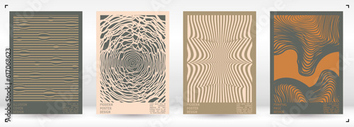 Geometrical Poster Design with Optical Illusion Effect.  Modern Psychedelic Cover Page Collection. Pastel Wave Lines Background. Fluid Stripes Art. Swiss Design. Vector Illustration for Brochure.