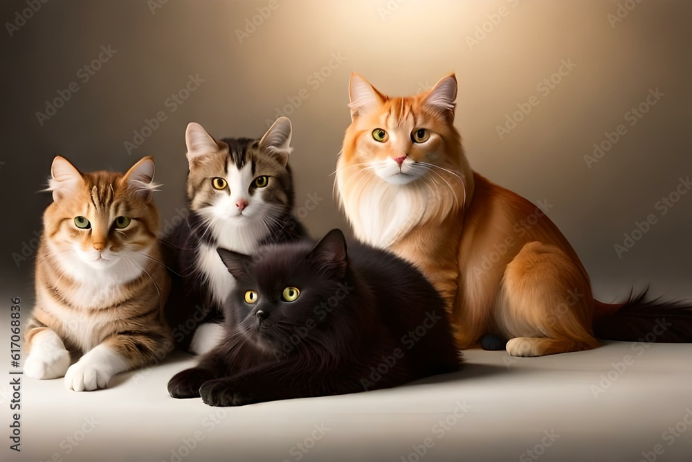 Cute cats are sitting on the floor with soft lighting background made with Generative AI.