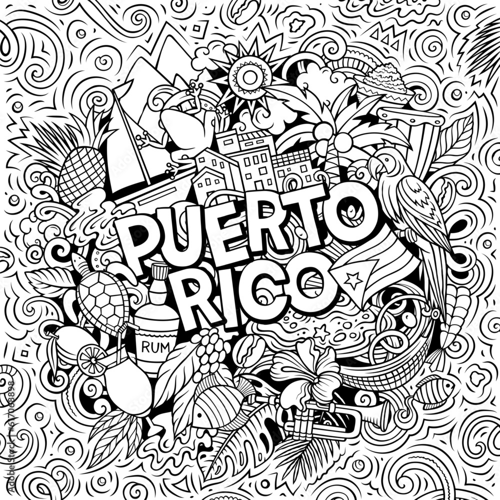 Puerto Rico cartoon doodle illustration. Funny Puerto-Rican design. Creative vector background with Caribbean country elements and objects. Colorful composition