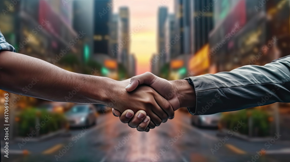 Fototapeta premium Business shaking hands, finishing up meeting. Successful businessmen handshaking after good deal. Business partner support together. Generative AI