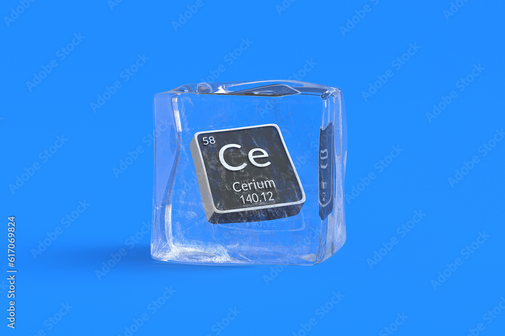 Cerium Ce chemical element of periodic table in ice cube. Symbol of chemistry element. 3d render Cerium Ce chemical element of periodic table in ice cube. Symbol of chemistry element. 3d render