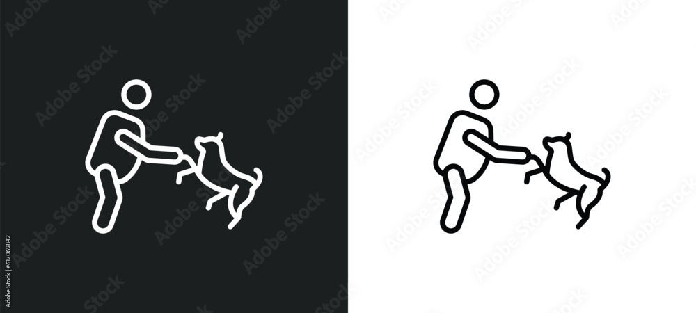 man and dog line icon in white and black colors. man and dog flat vector icon from man dog collection for web, mobile apps ui.