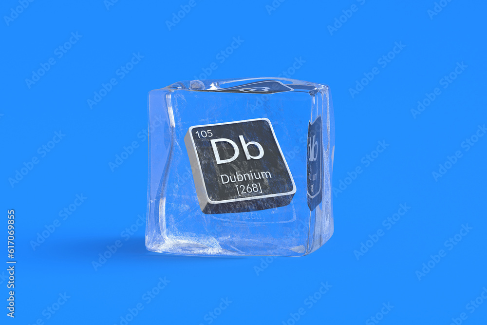 Dubnium Db chemical element of periodic table in ice cube. Symbol of chemistry element. 3d render Dubnium Db chemical element of periodic table in ice cube. Symbol of chemistry element. 3d render