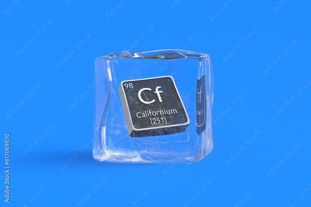 Californium Cf chemical element of periodic table in ice cube. Symbol of chemistry element. 3d render Californium Cf chemical element of periodic table in ice cube. Symbol of chemistry element. 3d render