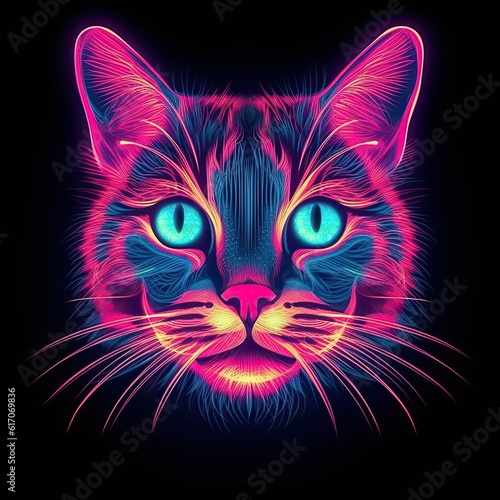 Cute Cat animal in neon style. Portrait of glow light animal. Generative AI © tanyastock